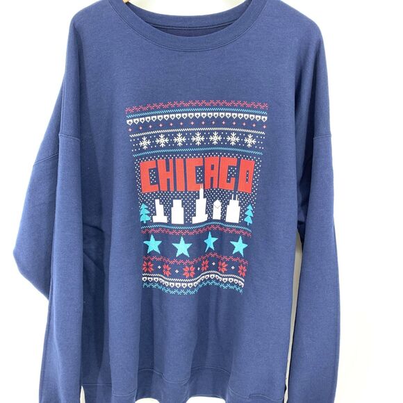 Ugly Christmas Sweater Chicago Skyline Print Sweatshirt Navy 2XL - Picture 1 of 9